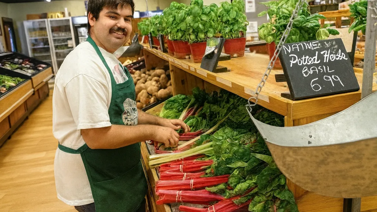 Staff member stocking fresh produce at the Confreda farm market