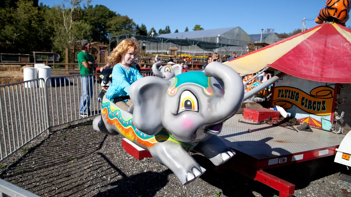 Girl riding the elephant car on the Flying Circus ride